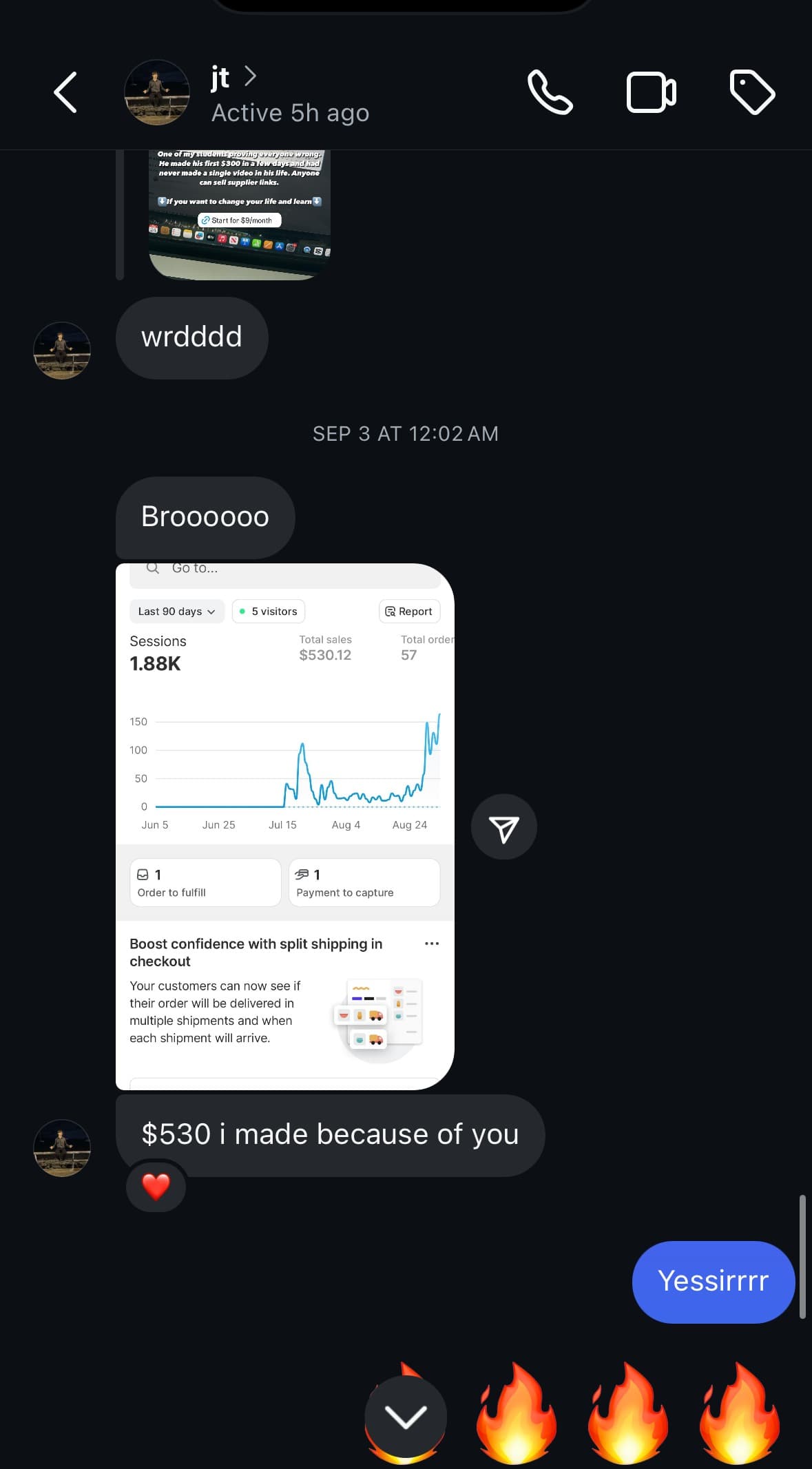 DM conversation where a student shares they made $530